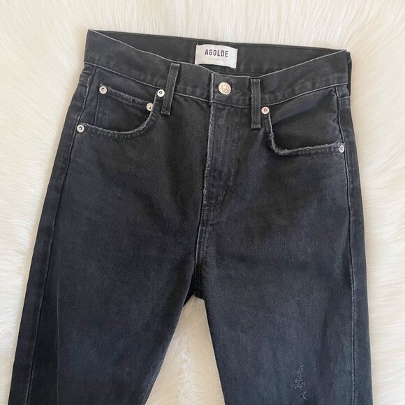 AGOLDE Black Distortion Wash Cherie High Rise Distressed Straight Denim Jeans - Picture 3 of 8